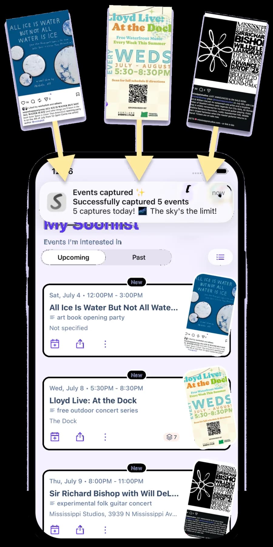 Screenshots of event flyers flowing into the Soonlist app feed as captured events