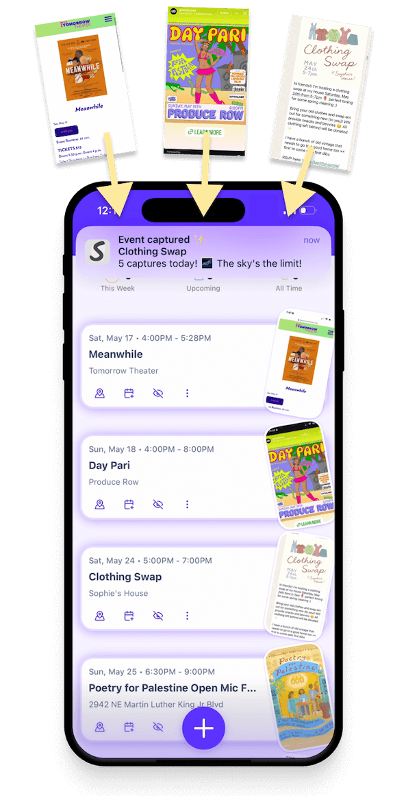 Soonlist app feed showing captured events in a device frame